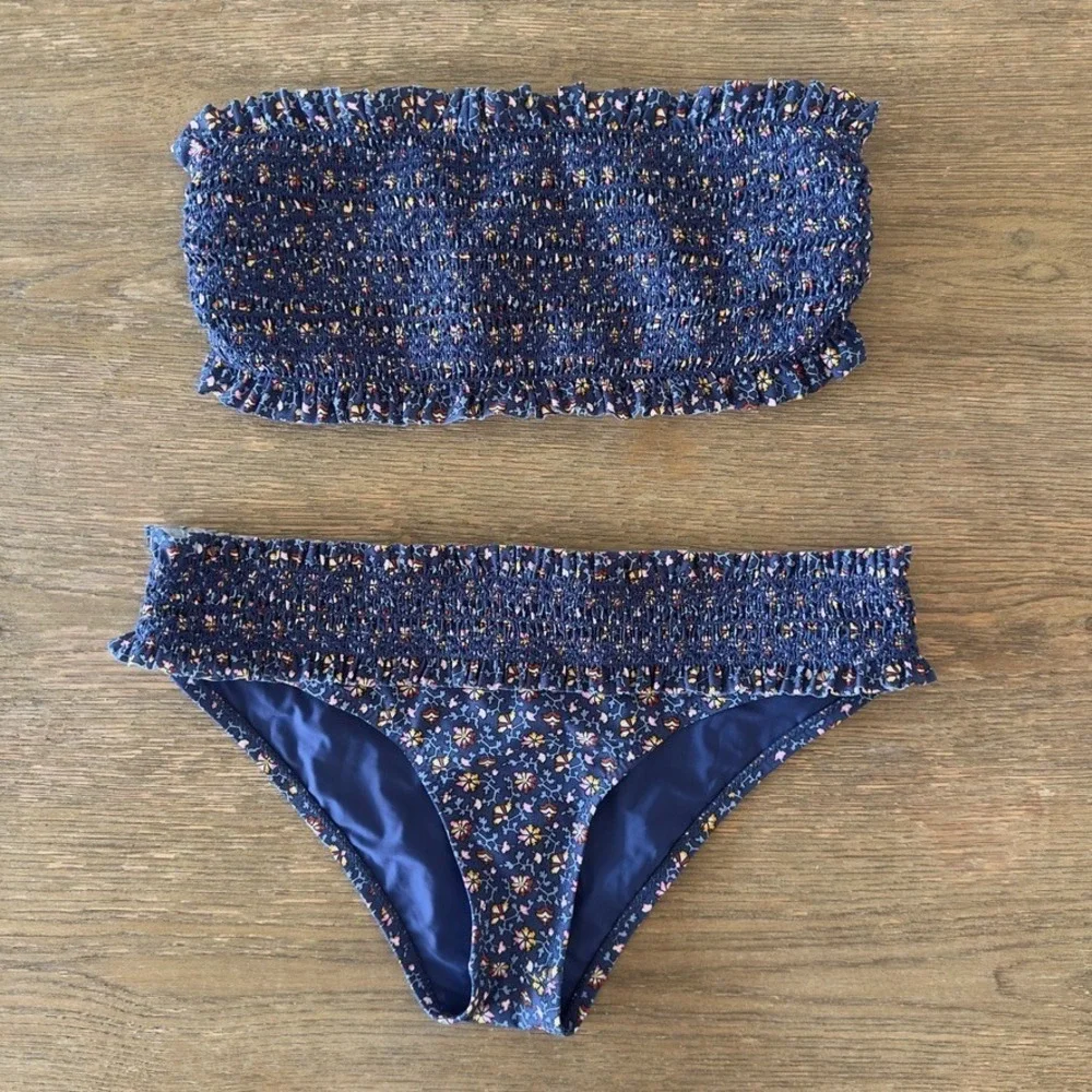 Tory Burch Costa Blue Floral Smocked Bandeau Bikini Top &‎ Hipster Btm Set-Sz XS